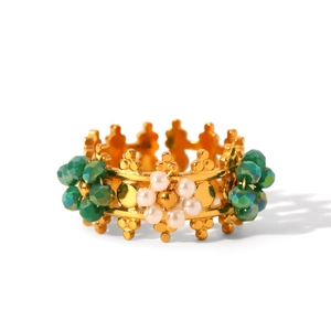 Bague couronne vintage française en acier avec perles de cristal vert et fleur de perle