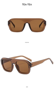 Detail view of tea-colored semi-transparent square sunglasses with resin frames