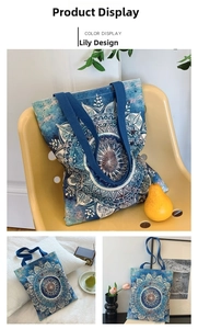 Blue canvas tote bag with lily flower pattern displayed in various lifestyle settings