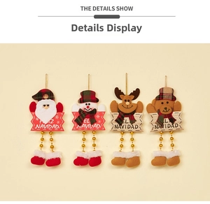 Detailed view of four Christmas plush ornaments with Feliz Navidad signs and beaded legs