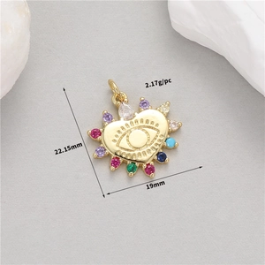 Macro detail of gold heart evil eye pendant with dimensions 22.15mm height and 19mm width