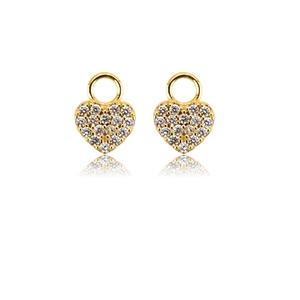 Macro detail of gold heart pendant with pavé cubic zirconia and top connector ring