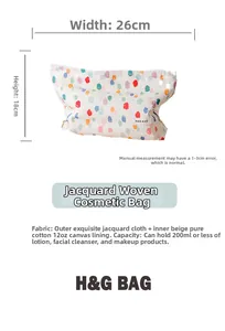 Dimensioni dettagliate 26x18cm di pochette trucco in jacquard con motivi a pois