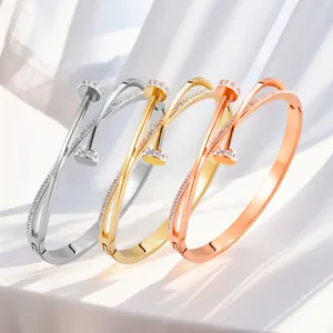 Nail Shaped Bangle Titanium Stainless Steel Rhinestone Inlaid Fashion Elegant Jewelry For Women