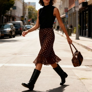 Fashionable brown polka dot midi skirt with delicate lace trim paired with high leather boots