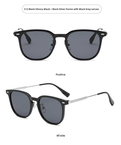 Detail view of square black and silver metal sunglasses with dark gray polarized lenses