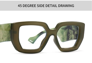 Detailed 45-degree side view of avant-garde olive green geometric eyeglass frames