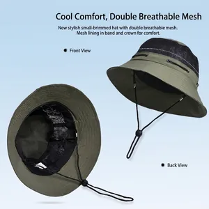 Olive green outdoor sun bucket hat with breathable dual-layer mesh and adjustable wind rope