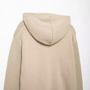 Beige knit drawstring hoodie with textured fabric back view for women's casual sportswear