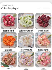 Color palette display of decorative silk ranunculus bouquets for wedding and home decor