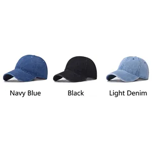Classic washed denim baseball caps in navy blue, black, and light denim for men and women