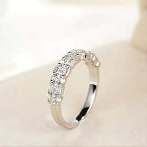 Sparkling multi-layer silver ring with round and rectangular cubic zirconia stones