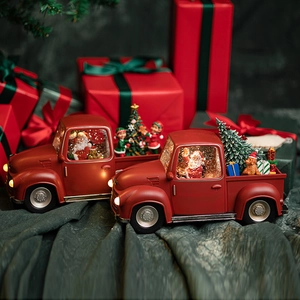 Boîte À Musique Camion De Noël Décoration Avec Lumière LED Et Boule À Neige Père Noël Pour Bureau