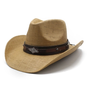 Classic Western straw cowboy hat in light khaki with vintage silver studded leather band