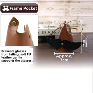 Close-up of brown PU leather eyeglass holder with creative mustache and rivet details