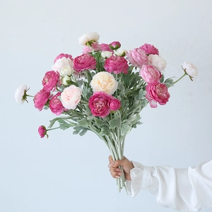 Artificial Ranunculus Satin Flower Branch Faux Persian Buttercup Flocked Stem Home Wedding Party Decorative Floral Arrangement