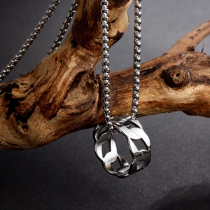 Silver chain ring pendant on natural wood branch, punk style stainless steel necklace