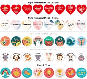 Detailed catalog showing 2.5cm floral Thank You stickers and cartoon reward labels