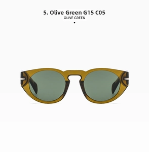 Detail view of olive green translucent sunglasses with dark G15 lenses and metal dots