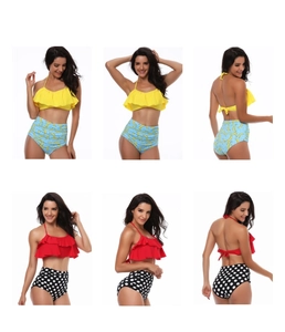 Detail of high waisted bikini sets featuring ruffled halters and banana or polka dot prints