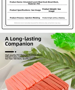 Detailed view of realistic PVC luncheon meat and duck blood food models on white plate