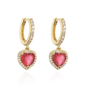 Golden heart drop earrings with red gradient crystal pendant and zircon accents