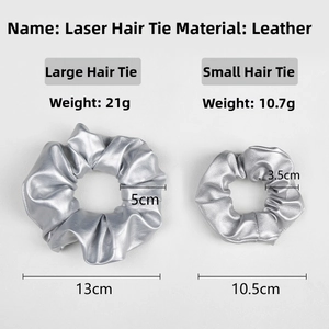 Comparison of large and small silver laser PU leather scrunchies with size specifications