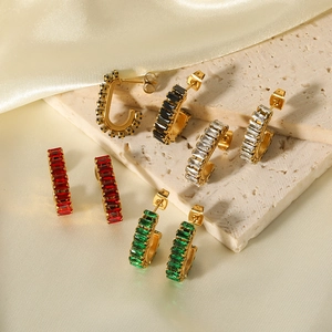 18K Gold Plated Stainless Steel C Shape Hoop Earrings With Rectangular Zircon Inlaid Trendy Geometric Jewelry For Women