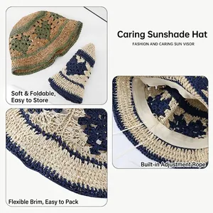 Chapeau de soleil en paille tissé à la main avec motifs de cœurs, bord large pliable