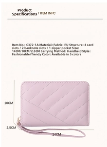 Detail view of purple quilted PU wallet showing internal slots and 14x10x2.5cm dimensions