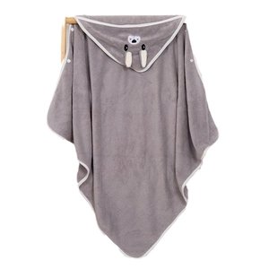 Hooded baby bath towel in grey coral fleece with cute animal design and snap buttons
