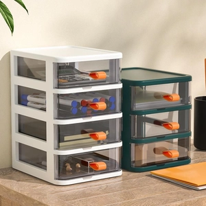 Plastic Desktop Drawer Organizer Transparent Tiers Storage Box With Orange Handles For Office Stationery And Cosmetics