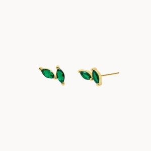 Elegant gold marquise-cut emerald green zircon stud earrings in a staggered design