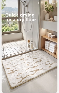 Detail of soft thick plush bathroom mat with elegant marble pattern and strong water absorption