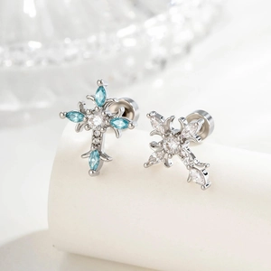 Exquisite silver cross screw back earrings with inlaid zircon and blue crystals