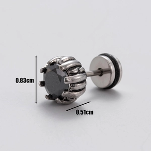 Macro shot of silver stainless steel men's stud earring with black zircon and dimensions
