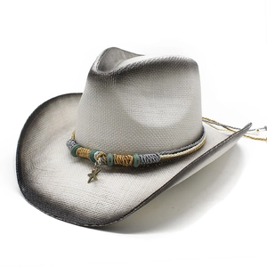 Western straw cowboy hat with black gradient brim and starfish charm decoration