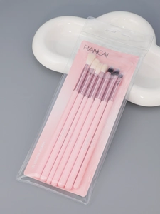 Detailed view of 7-piece pink eye makeup brush set with RC fiber in PVC packaging