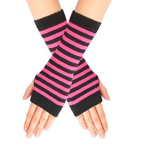 Detail of pink and black striped knitted fingerless gloves with thumb hole design