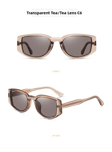 Detail view of transparent tea TR90 polarized sunglasses showing front and 45-degree side angles