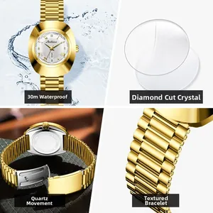 Detailed views of gold quartz watch with diamond-cut glass and waterproof steel strap