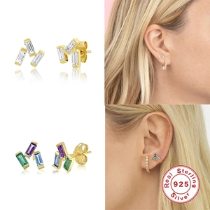 S925 Sterling Silver Geometric Baguette Zircon Stud Earrings for Women in Silver and Multi-color