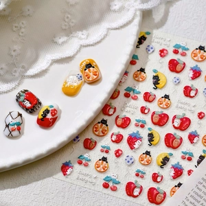 5D Embossed Nail Art Stickers Cute Cartoon Cat Fruit Apple Strawberry Design Puffy Self Adhesive Manicure Decals For Women