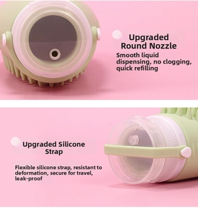 Detail of green silicone travel bottle showing the leak-proof round hole and durable strap