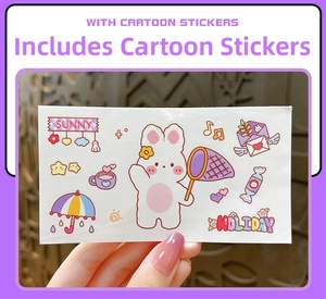 Handheld view of cute cartoon stickers featuring rabbits and stars for creative decoration