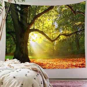 Detail of forest tapestry showing warm sunlight through trees and orange autumn leaves