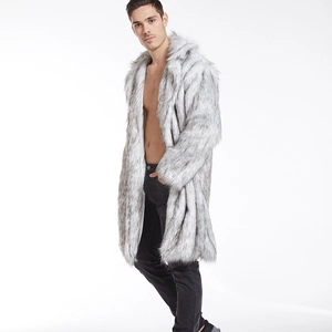 Macro shot of grey and white faux fur texture on a men long winter coat with wide lapels