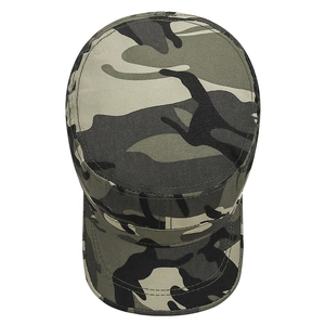 Classic camouflage cotton flat top military cap with metal tag and durable canvas texture