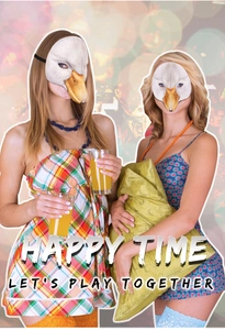 Detail of cute white duck latex masks with yellow beaks for Halloween cosplay parties