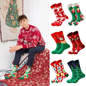 Christmas Crew Socks Combed Cotton Holiday Santa Claus Reindeer Snowman Pattern Mid Calf Casual Unisex